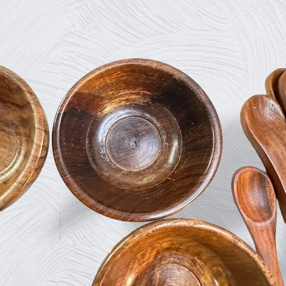 Sheesham Hand-Crafted Wooden Bowls Matching Spoons Set Of 4 With Floral Inlay De - Picture 11 of 16
